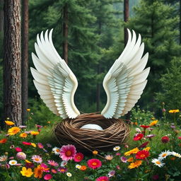 A beautifully designed image featuring two elegant white wings extending symmetrically on either side of a circular area that resembles a nest