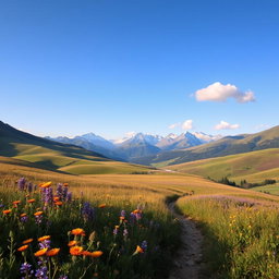 A serene landscape featuring rolling hills under a clear blue sky