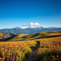 A serene landscape featuring rolling hills under a clear blue sky