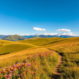 A serene landscape featuring rolling hills under a clear blue sky
