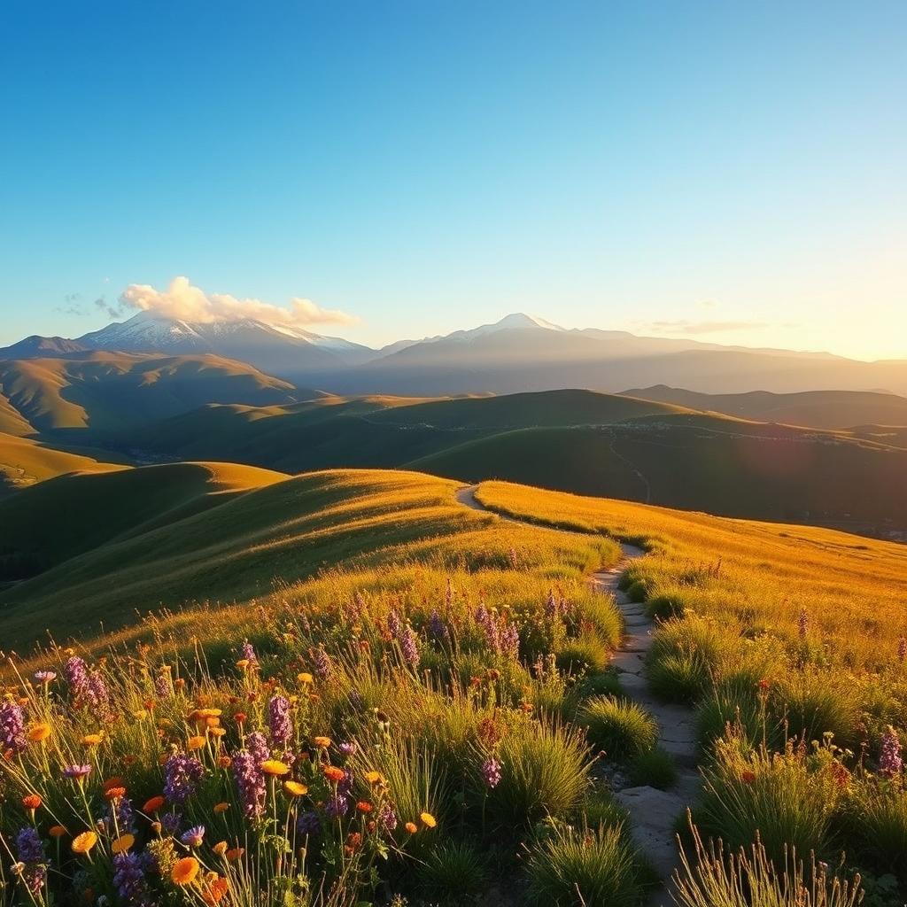 A serene landscape featuring rolling hills under a clear blue sky
