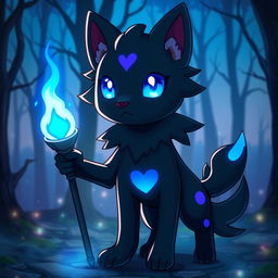 A mystical creature that appears as a black dog with deep blue, magical eyes