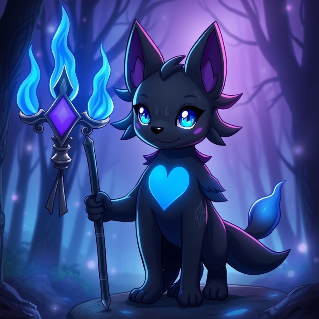 A mystical creature that appears as a black dog with deep blue, magical eyes