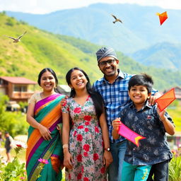 A joyful Nepali family enjoying a sunny day outdoors, surrounded by lush green hills and traditional Nepali homes in the background