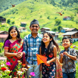 A joyful Nepali family enjoying a sunny day outdoors, surrounded by lush green hills and traditional Nepali homes in the background