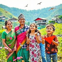 A joyful Nepali family enjoying a sunny day outdoors, surrounded by lush green hills and traditional Nepali homes in the background
