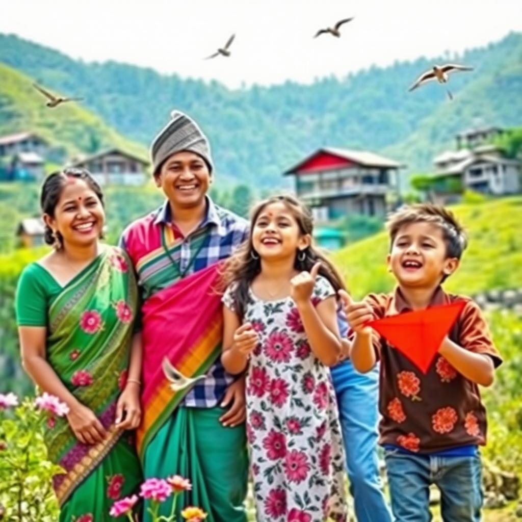A joyful Nepali family enjoying a sunny day outdoors, surrounded by lush green hills and traditional Nepali homes in the background