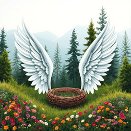 A beautiful, intricate design featuring two elegant white wings gracefully extending on both sides of a curved area that resembles a cozy nest