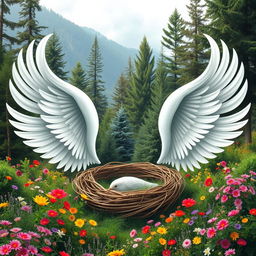 A beautiful, intricate design featuring two elegant white wings gracefully extending on both sides of a curved area that resembles a cozy nest