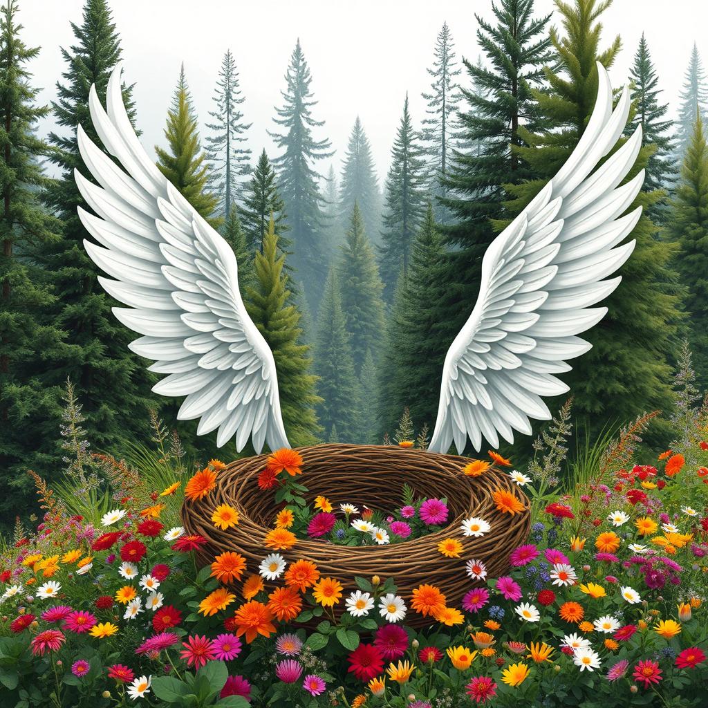 A beautiful, intricate design featuring two elegant white wings gracefully extending on both sides of a curved area that resembles a cozy nest