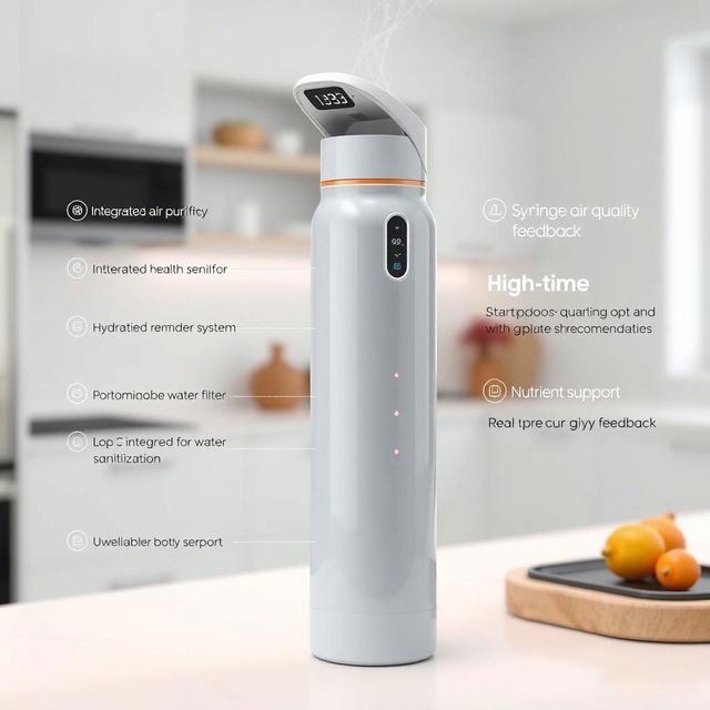 A sleek, modern portable water bottle that showcases advanced technology and features