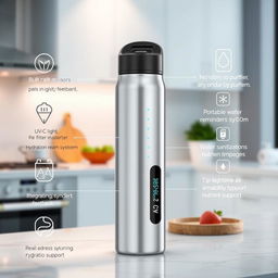 A sleek, modern portable water bottle that showcases advanced technology and features