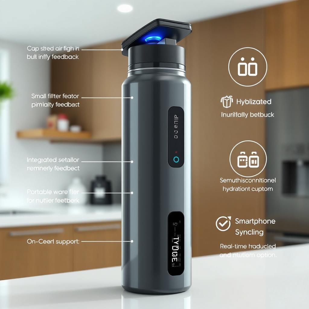 A sleek, modern portable water bottle that showcases advanced technology and features
