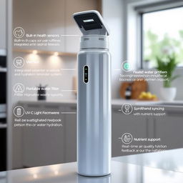 A sleek, modern portable water bottle that showcases advanced technology and features