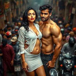 A full-length intimate photo shoot featuring a stunning 22-year-old Arab woman in a transparent white wet shirt and a microskirt, showcasing her sexy boobs, hot navel, and seductive thighs