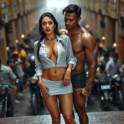 A full-length intimate photo shoot featuring a stunning 22-year-old Arab woman in a transparent white wet shirt and a microskirt, showcasing her sexy boobs, hot navel, and seductive thighs