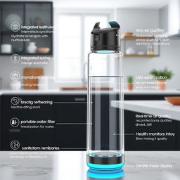 A futuristic water bottle design featuring a built-in air purifier integrated into the cap, with a sleek and modern look