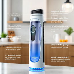 A futuristic water bottle design featuring a built-in air purifier integrated into the cap, with a sleek and modern look