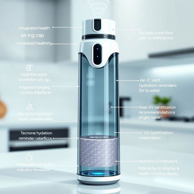 A futuristic water bottle design featuring a built-in air purifier integrated into the cap, with a sleek and modern look