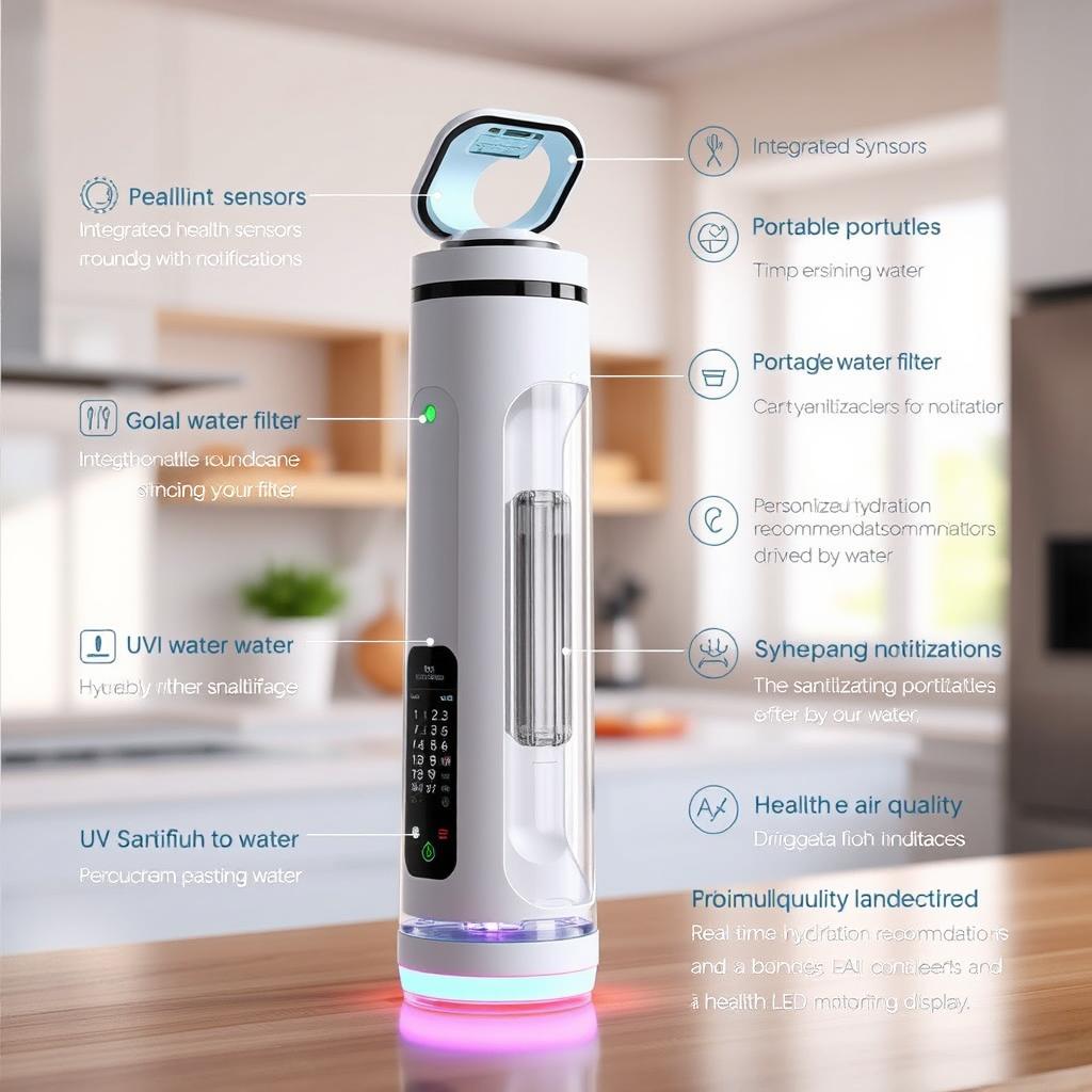 A futuristic water bottle design featuring a built-in air purifier integrated into the cap, with a sleek and modern look