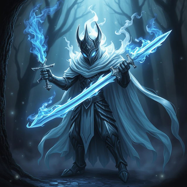 A hauntingly beautiful Fekemon resembling a spectral knight, shrouded in ethereal mist with a ghostly aura