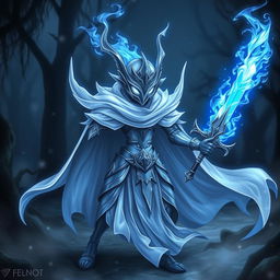 A hauntingly beautiful Fekemon resembling a spectral knight, shrouded in ethereal mist with a ghostly aura