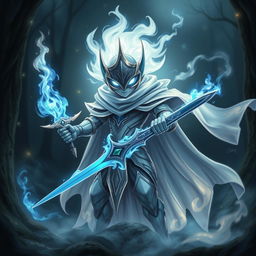A hauntingly beautiful Fekemon resembling a spectral knight, shrouded in ethereal mist with a ghostly aura