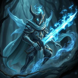 A hauntingly beautiful Fekemon resembling a spectral knight, shrouded in ethereal mist with a ghostly aura