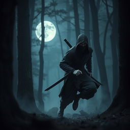 A skilled ninja stealthily moving through a moonlit forest, dressed in traditional black shinobi attire with a hood and mask, showcasing swift movements and agility