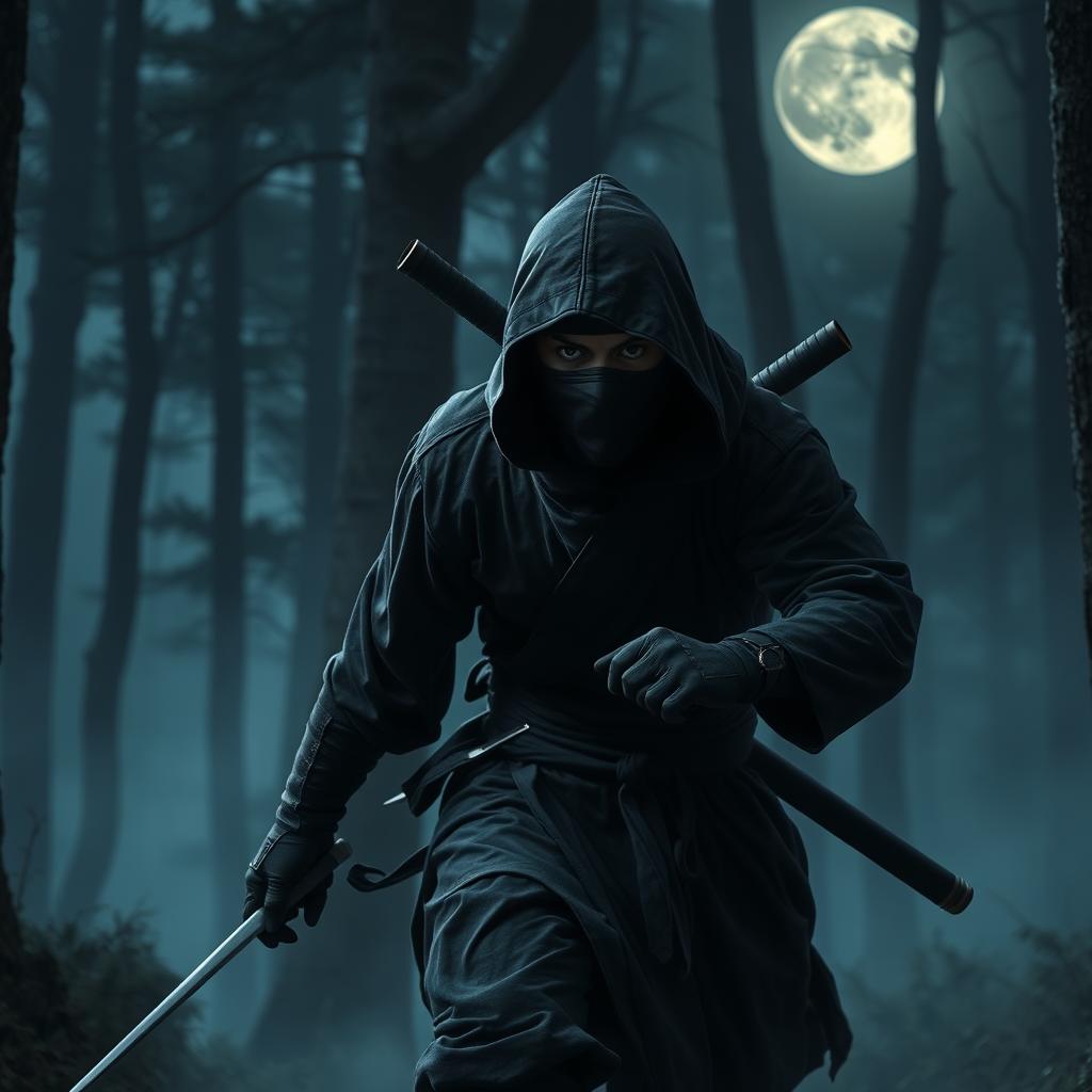 A skilled ninja stealthily moving through a moonlit forest, dressed in traditional black shinobi attire with a hood and mask, showcasing swift movements and agility