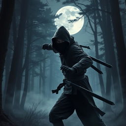 A skilled ninja stealthily moving through a moonlit forest, dressed in traditional black shinobi attire with a hood and mask, showcasing swift movements and agility