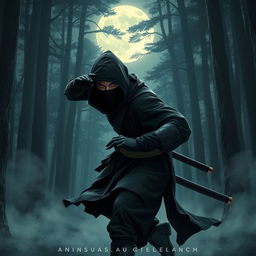 A skilled ninja stealthily moving through a moonlit forest, dressed in traditional black shinobi attire with a hood and mask, showcasing swift movements and agility
