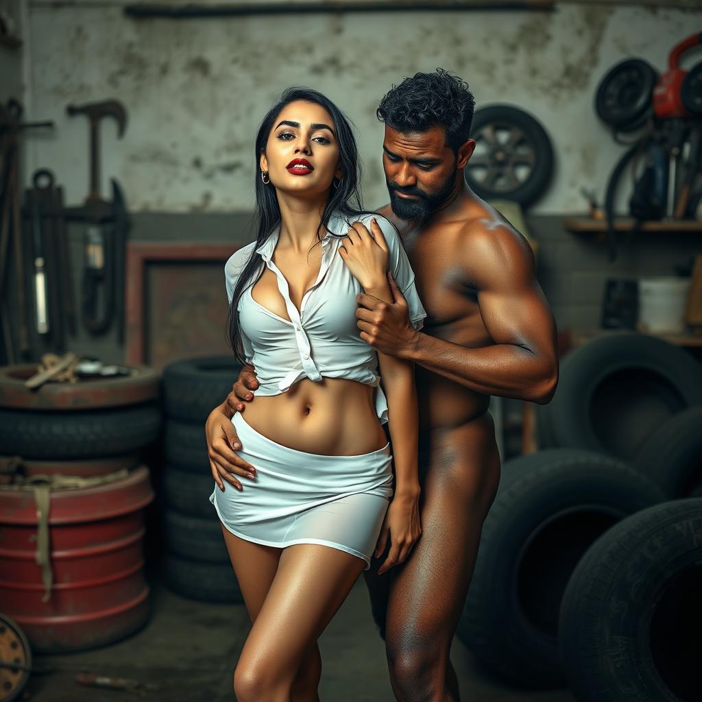 A full-length intimate photo shoot featuring a stunning 22-year-old Arab woman in a transparent white wet shirt and a microskirt, accentuating her sexy boobs, hot navel, and seductive thighs