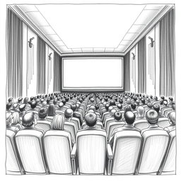 A perspective drawing of a movie theatre viewed from the back