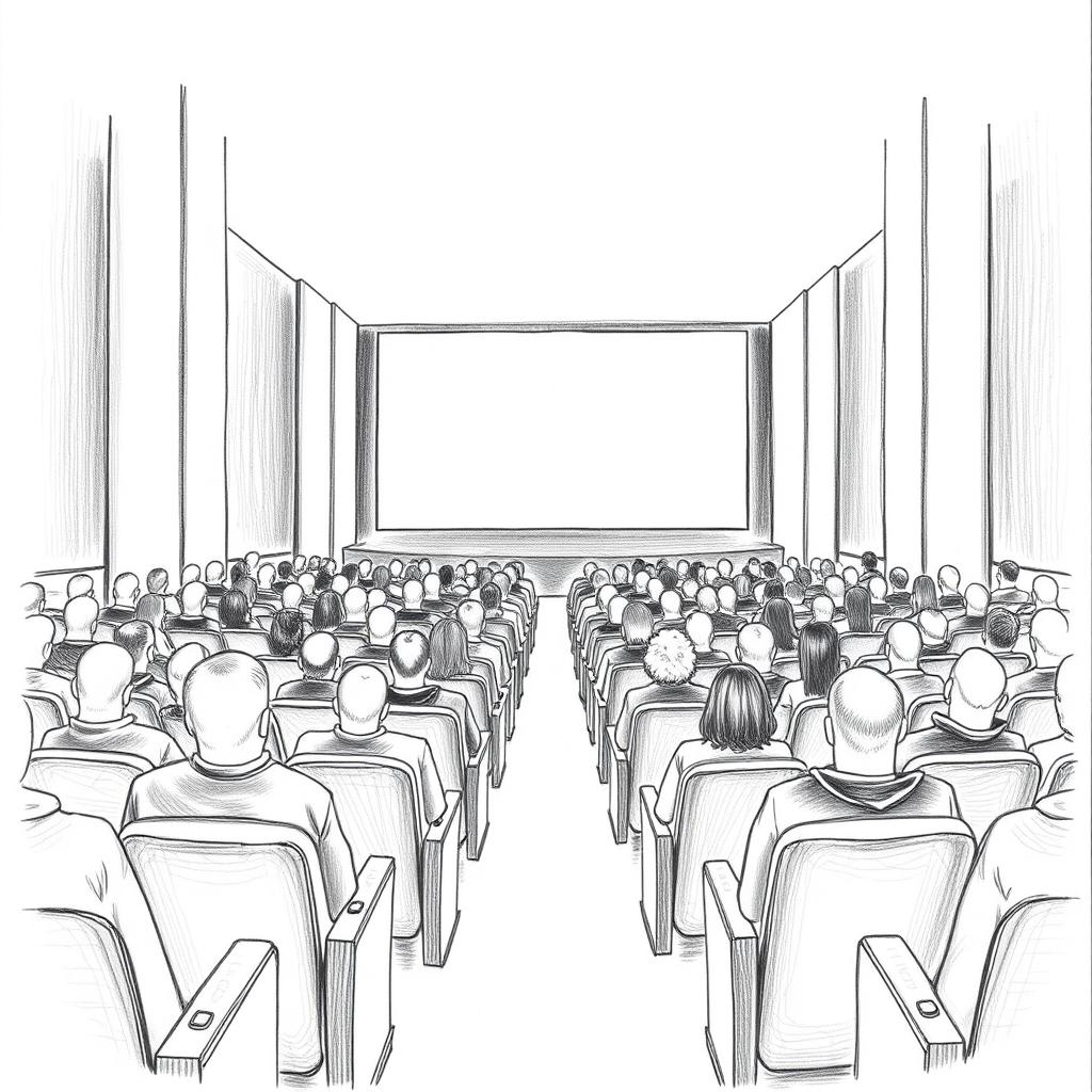 A perspective drawing of a movie theatre viewed from the back