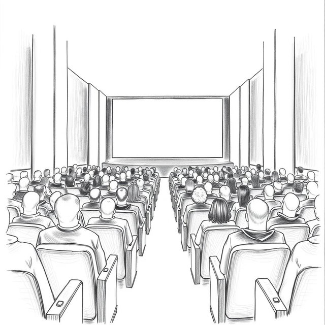 A perspective drawing of a movie theatre viewed from the back