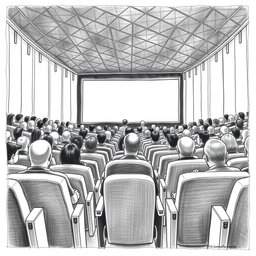 A perspective drawing of a movie theatre viewed from the back