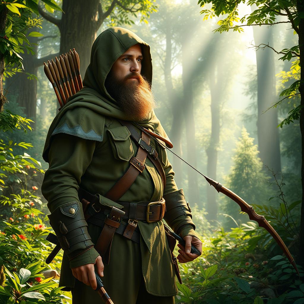 A majestic ranger standing in a lush, vibrant forest