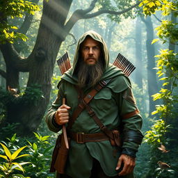 A majestic ranger standing in a lush, vibrant forest