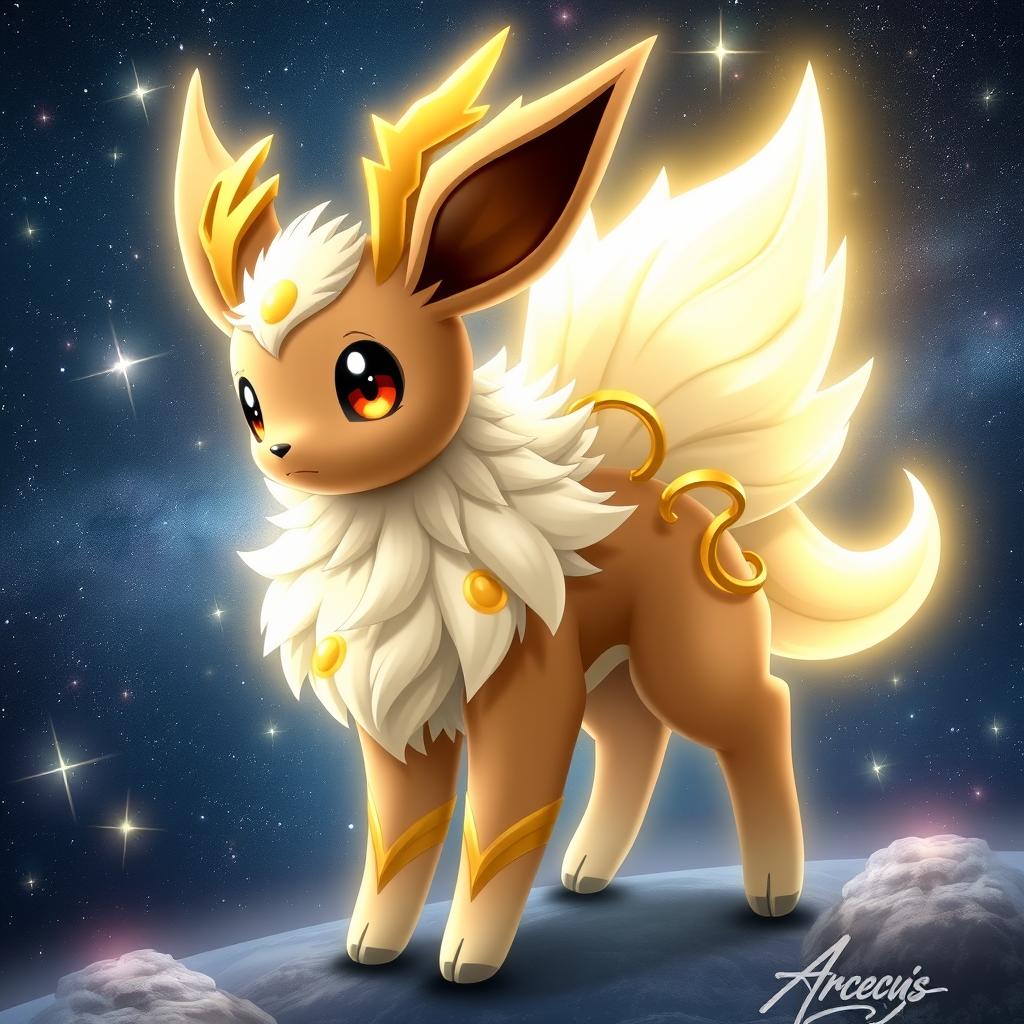 A stunning fusion between Eevee and Arceus, showcasing the playful and adorable features of Eevee combined with the majestic and divine qualities of Arceus