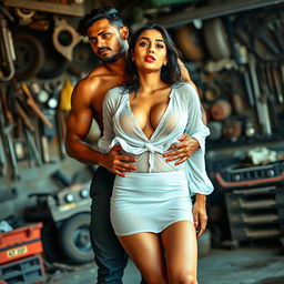 A full-length intimate photo shoot featuring a stunning 22-year-old Arab woman in a transparent white wet shirt and a microskirt, accentuating her sexy boobs, hot navel, and seductive thighs