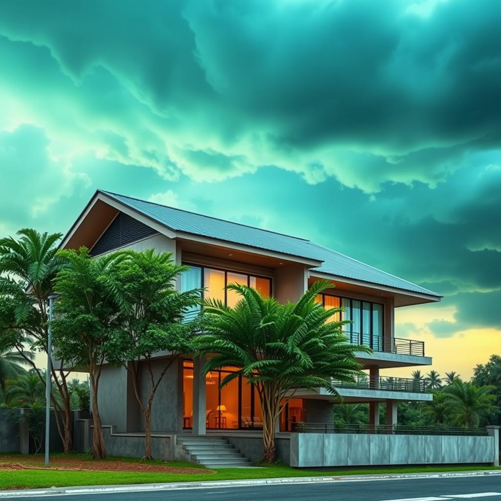 A resilient house designed specifically for a typhoon-prone area, featuring sloped roofs to resist strong winds and heavy rain, elevated structure to prevent flooding, large storm-resistant windows, and durable materials like reinforced concrete and steel