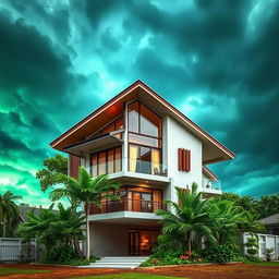 A resilient house designed specifically for a typhoon-prone area, featuring sloped roofs to resist strong winds and heavy rain, elevated structure to prevent flooding, large storm-resistant windows, and durable materials like reinforced concrete and steel