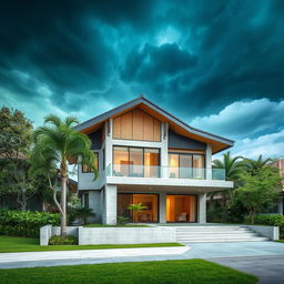 A resilient house designed specifically for a typhoon-prone area, featuring sloped roofs to resist strong winds and heavy rain, elevated structure to prevent flooding, large storm-resistant windows, and durable materials like reinforced concrete and steel