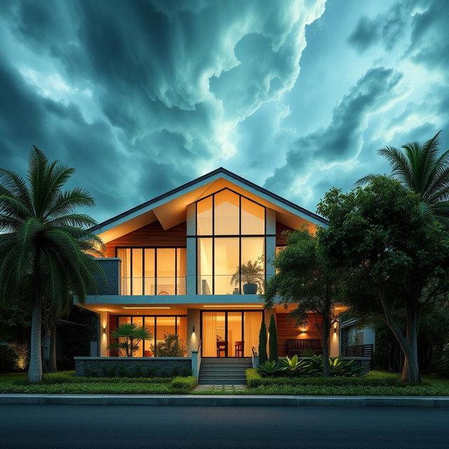 A resilient house designed specifically for a typhoon-prone area, featuring sloped roofs to resist strong winds and heavy rain, elevated structure to prevent flooding, large storm-resistant windows, and durable materials like reinforced concrete and steel