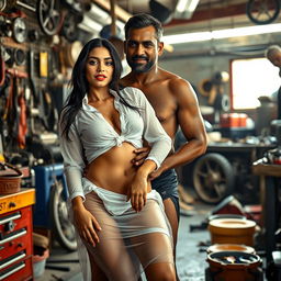 A full-length intimate photo shoot featuring a stunning 23-year-old Arab woman in a transparent white wet shirt and a microskirt, highlighting her sexy boobs, hot navel, and seductive thighs