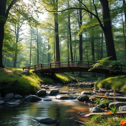 A serene forest scene with lush greenery, tall trees, and soft sunlight filtering through the leaves