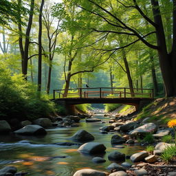 A serene forest scene with lush greenery, tall trees, and soft sunlight filtering through the leaves