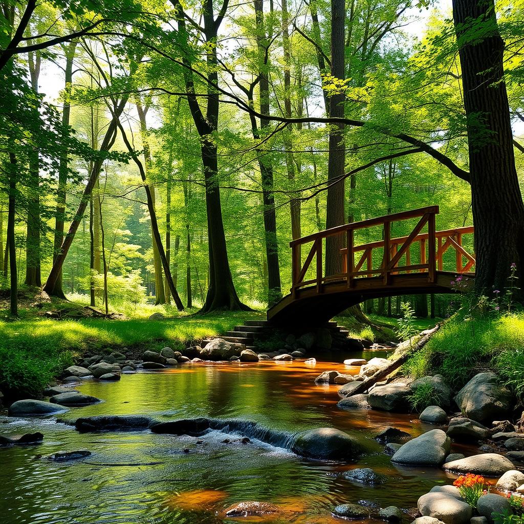 A serene forest scene with lush greenery, tall trees, and soft sunlight filtering through the leaves