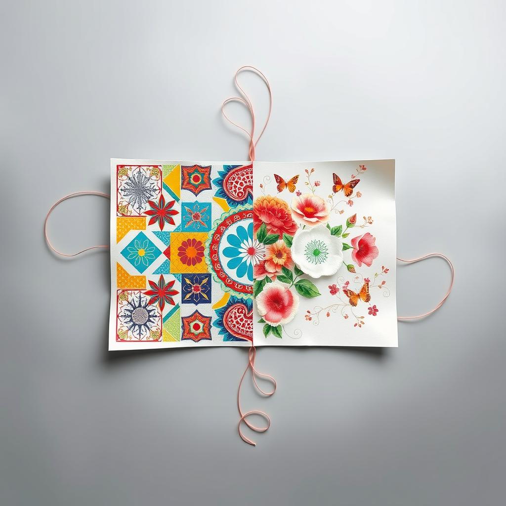 A visually striking artwork that combines two separate sheets of paper into a unified and harmonious design